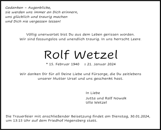 Todesanzeige von Rolf Wetzel von Trauer.de