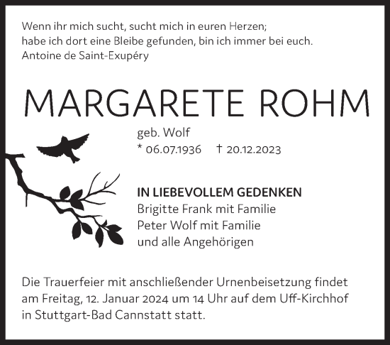 Todesanzeige von Margarete Rohm von trauer.de