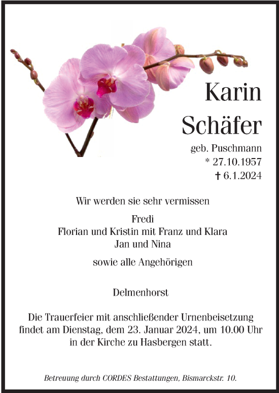 Todesanzeige von Karin Schäfer von trauer.de