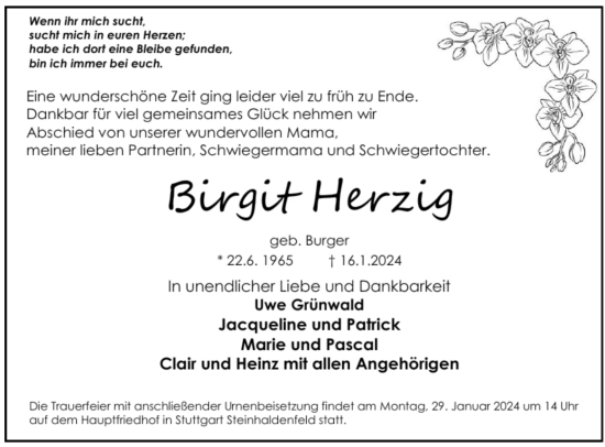 Todesanzeige von Birgit Herzig von trauer.de
