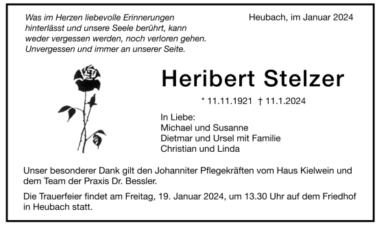 Todesanzeige von Heribert Stelzer von trauer.de