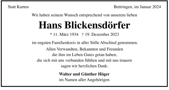 Todesanzeige von Hans Blickensdörfer von trauer.de