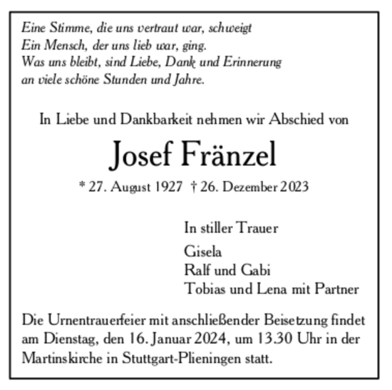 Todesanzeige von Josef Fränzel von Trauer.de