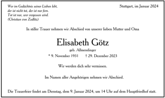 Todesanzeige von Elisabeth Götz von trauer.de