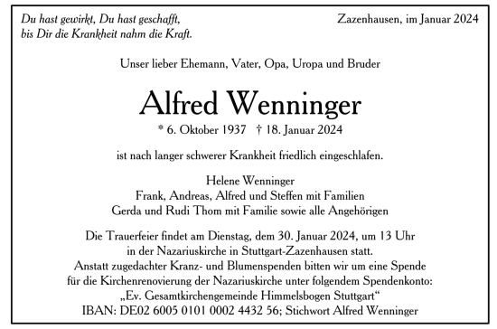 Todesanzeige von Alfred Wenninger von trauer.de