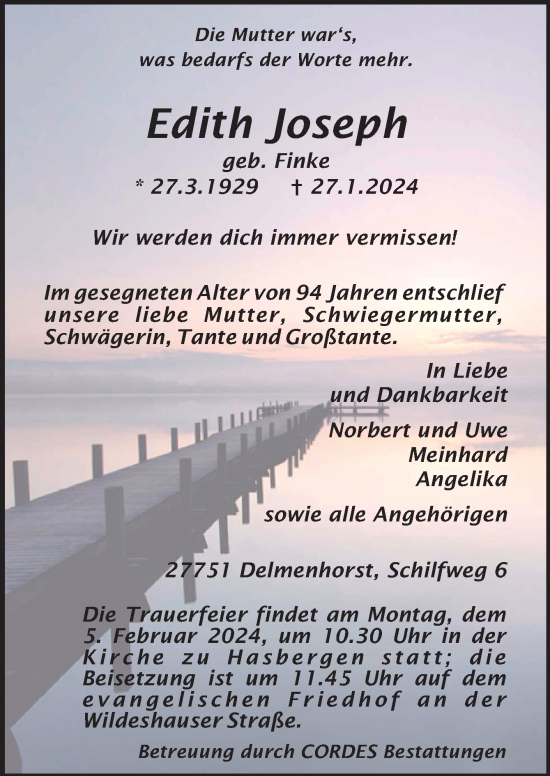 Todesanzeige von Edith Joseph von trauer.de