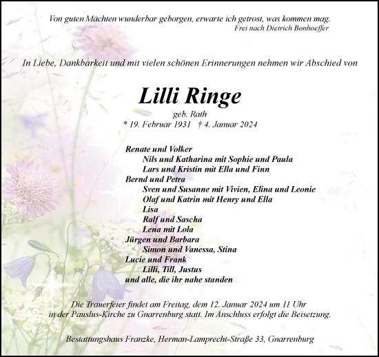 Todesanzeige von Lilli Ringe von trauer.de