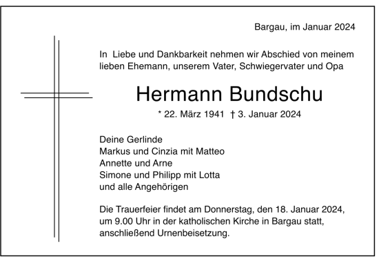 Todesanzeige von Hermann Bundschu von trauer.de