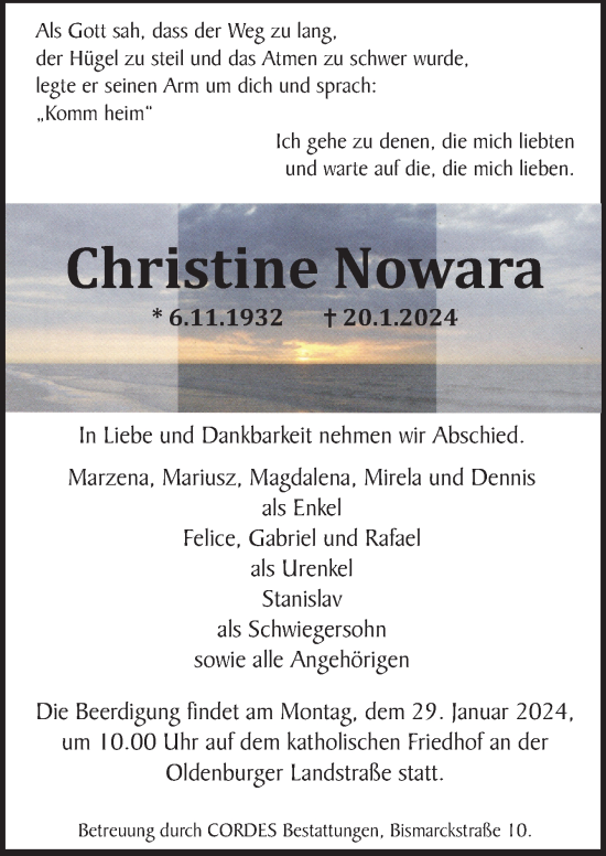 Todesanzeige von Christine Nowara von Trauer.de