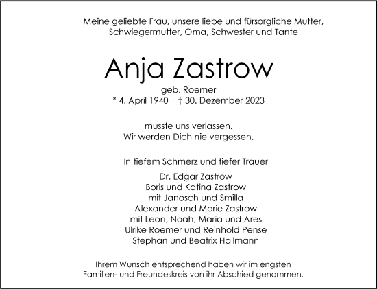 Todesanzeige von Anja Zastrow von Trauer.de
