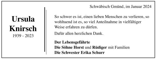 Todesanzeige von Ursula Knirsch von trauer.de