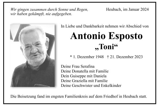 Todesanzeige von Antonio Esposto von trauer.de