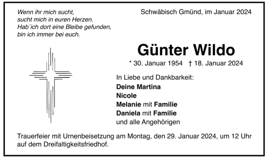 Todesanzeige von Günter Wildo von trauer.de