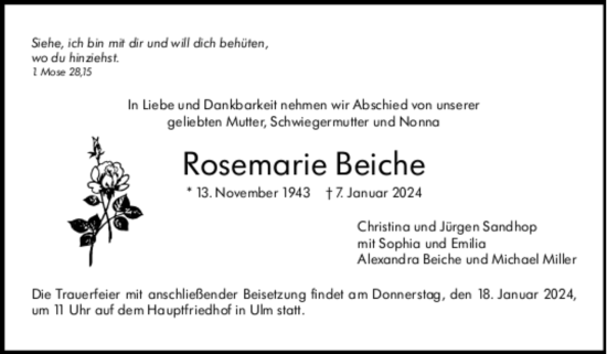 Todesanzeige von Rosemarie Beiche von Trauer.de