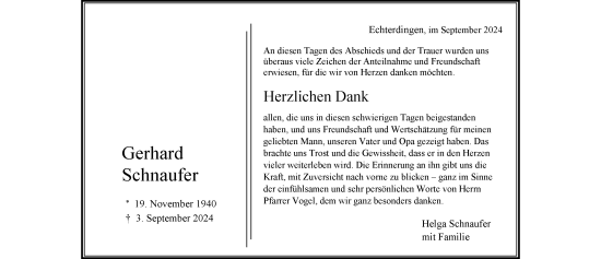 Todesanzeige von Gerhard Friedrich Schnaufer 