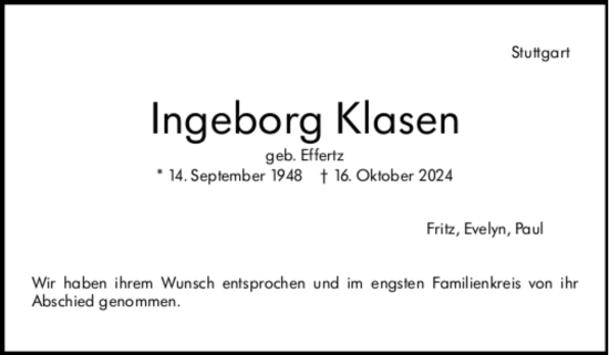 Todesanzeige von Ingeborg Klasen von Trauer.de