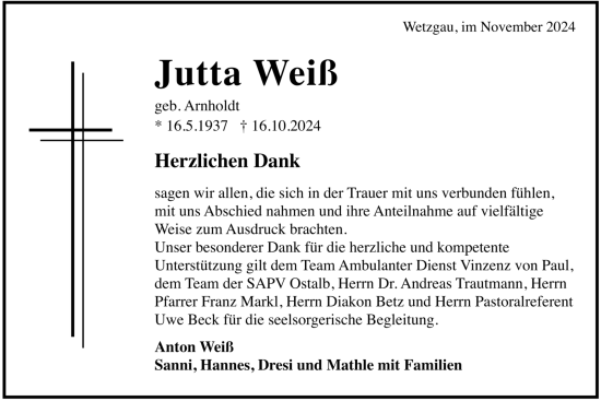 Todesanzeige von Jutta Weiß von trauer.de
