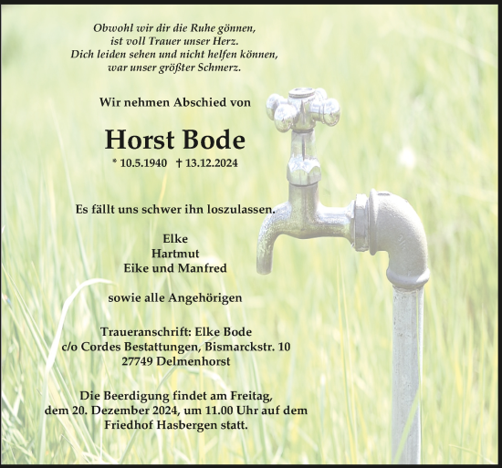 Todesanzeige von Horst Bode von trauer.de