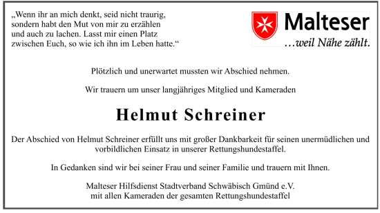 Todesanzeige von Helmut Schreiner von trauer.de