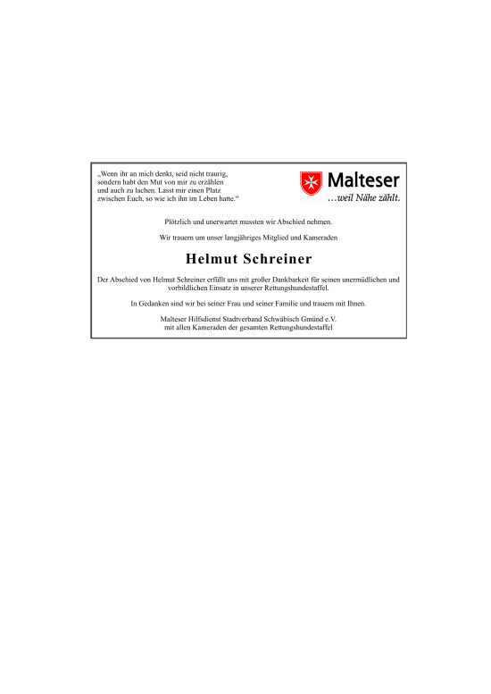 Todesanzeige von Helmut Schreiner von trauer.de