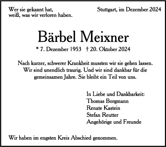 Todesanzeige von Bärbel Meixner von trauer.de