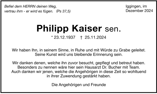 Todesanzeige von Philipp Kaiser von trauer.de