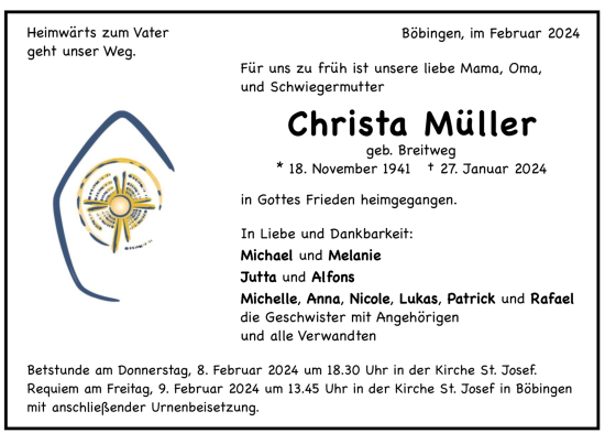 Todesanzeige von Christa Müller von trauer.de