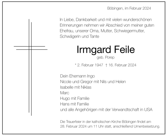 Todesanzeige von Irmgard Feile von trauer.de
