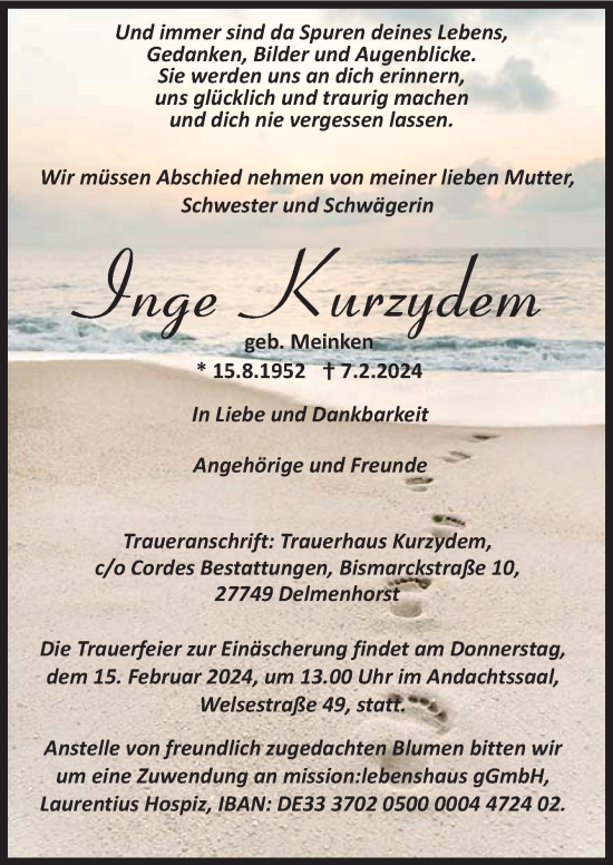 Todesanzeige von Inge Kurzydem von trauer.de