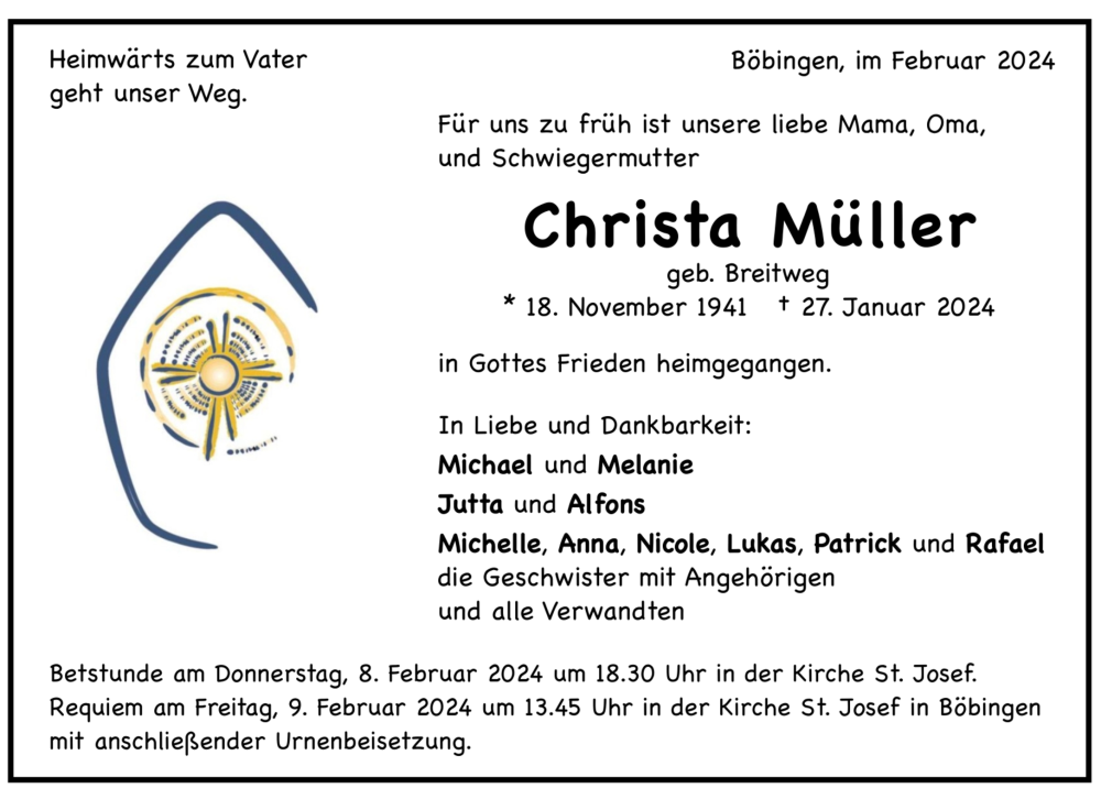  Traueranzeige für Christa Müller vom 06.01.2024 aus trauer.de