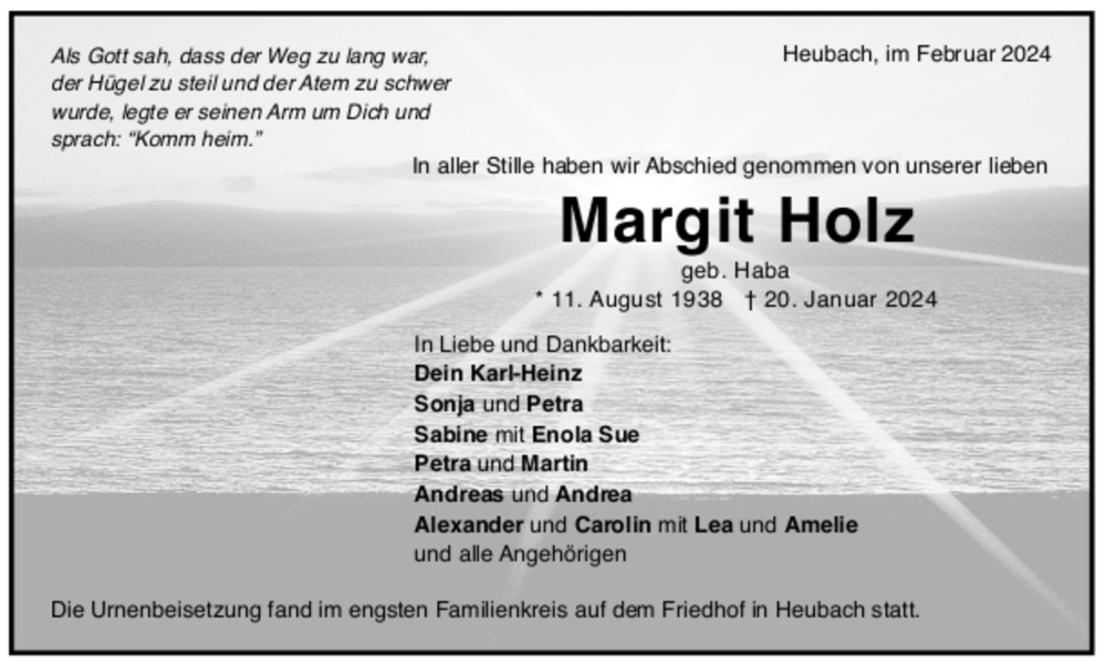  Traueranzeige für Margit Holz vom 03.02.2024 aus Trauer.de