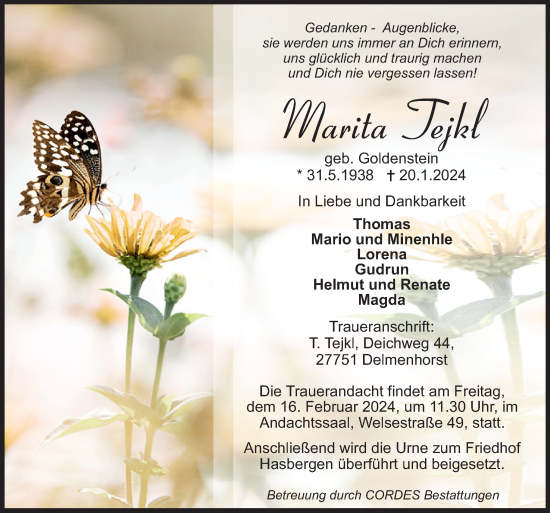 Todesanzeige von Marita Tejkl von trauer.de