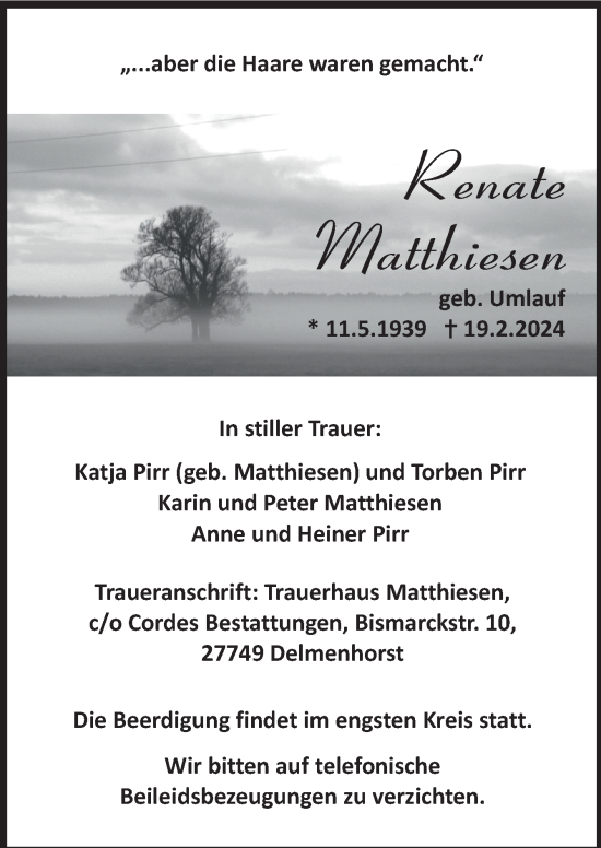 Todesanzeige von Renate Matthiesen von trauer.de