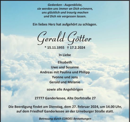 Todesanzeige von Gerald Götter von trauer.de