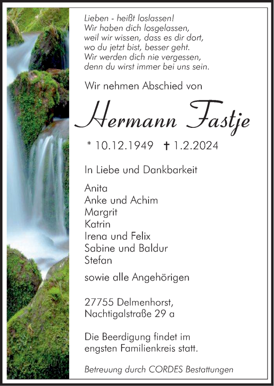 Todesanzeige von Hermann Fastje 