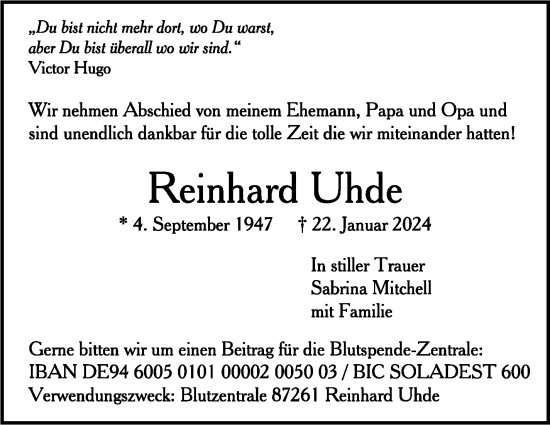 Todesanzeige von Reinhard Uhde von trauer.de