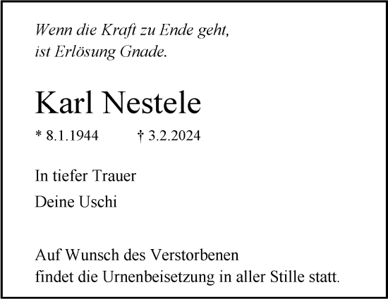 Todesanzeige von Karl Nestele von trauer.de