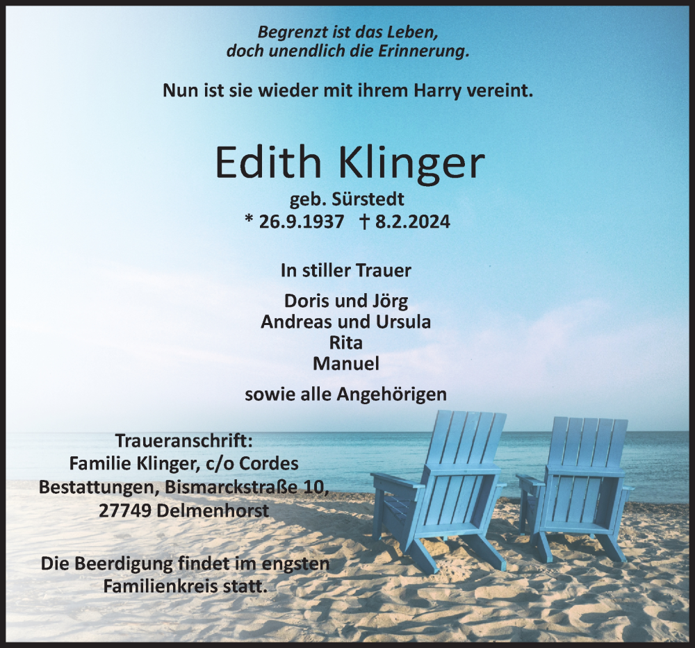  Traueranzeige für Edith Klinger vom 10.02.2024 aus trauer.de