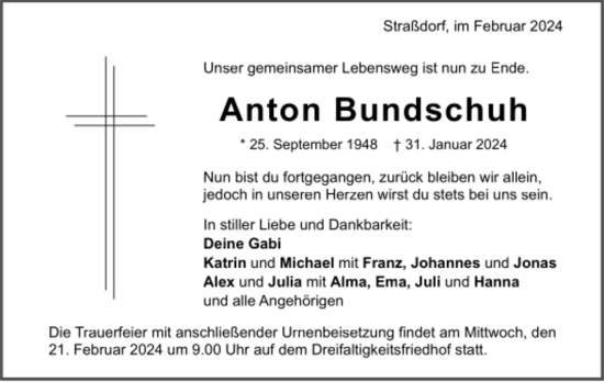 Todesanzeige von Anton Bundschuh von Trauer.de