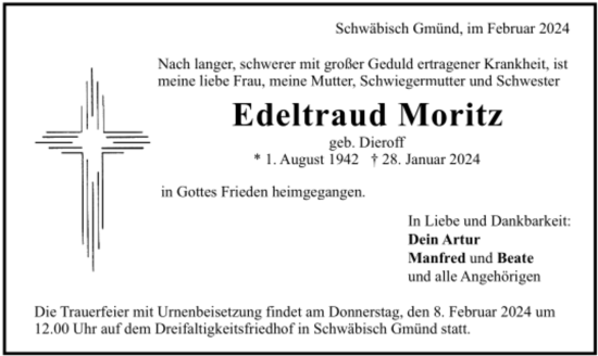 Todesanzeige von Edeltraud Moritz von trauer.de