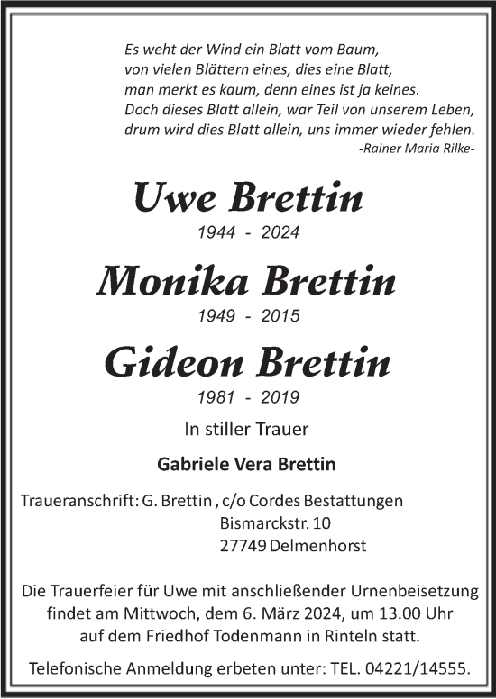 Todesanzeige von Uwe Brettin von trauer.de