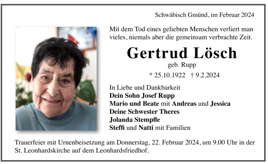 Todesanzeige von Gertrud Lösch von trauer.de