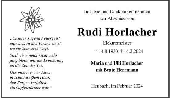Todesanzeige von Rudi Horlacher von trauer.de