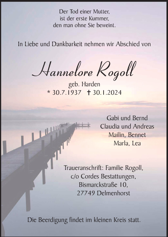 Todesanzeige von Hannelore Rogoll von Trauer.de