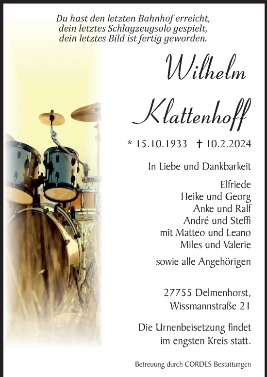 Todesanzeige von Wilhelm Klattenhoff von Trauer.de