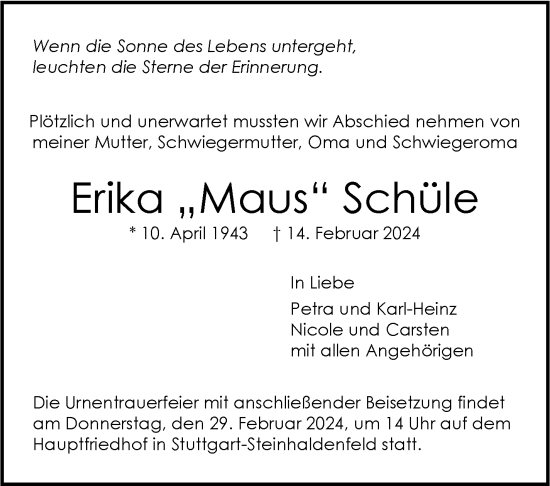 Todesanzeige von Erika Schüle von trauer.de