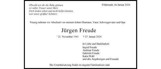 Todesanzeige von Jürgen Freude von trauer.de