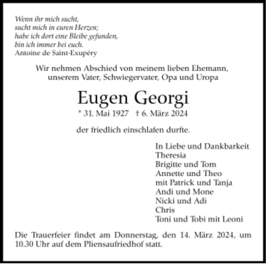 Todesanzeige von Eugen Georgi von trauer.de