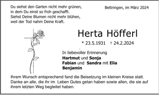 Todesanzeige von Herta Höfferl von trauer.de