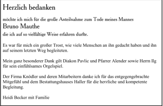 Todesanzeige von Bruno Mauthe von trauer.de